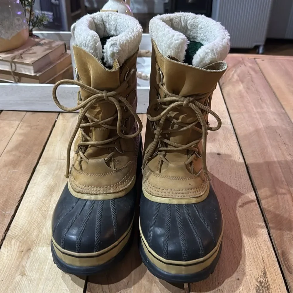 Sorel Caribou Buff Tan Black Waterproof Lace Up Boots B94‎